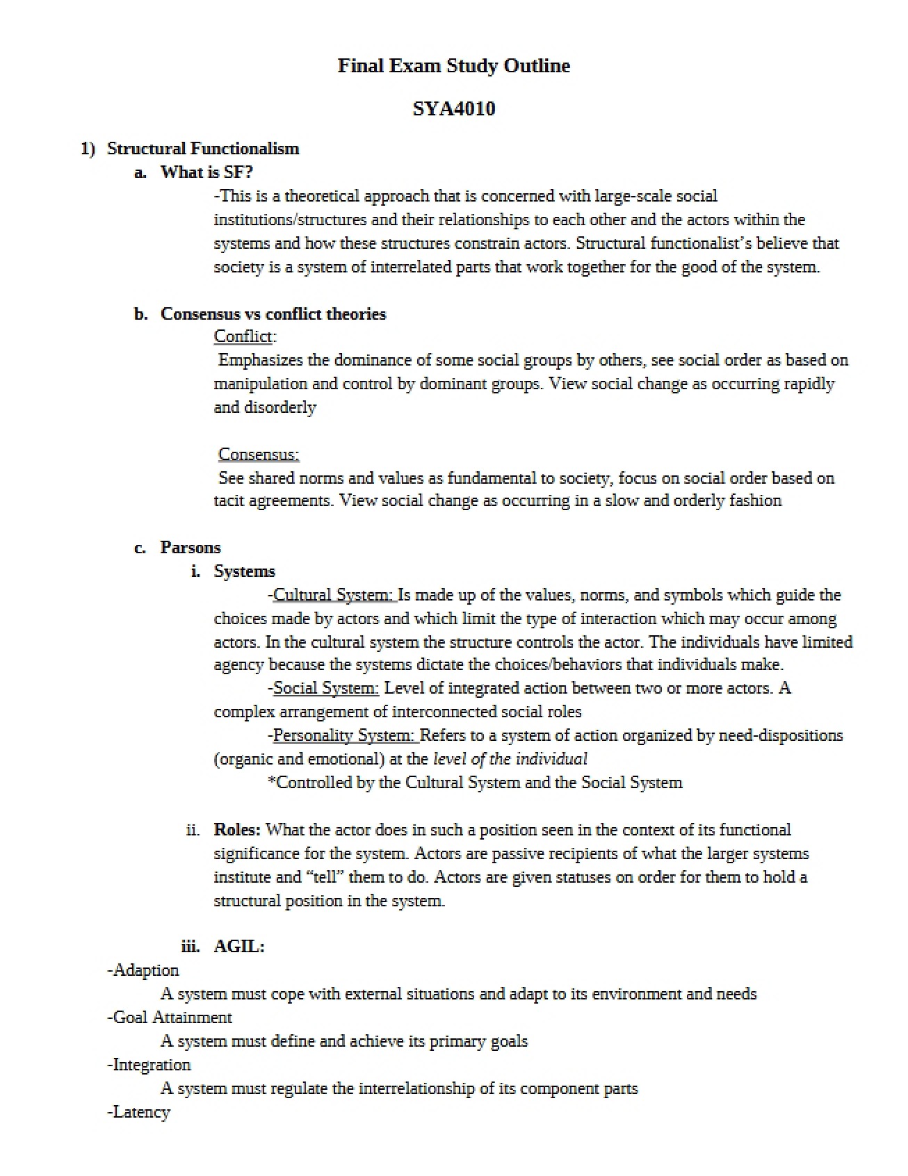 Outline for Final Exam