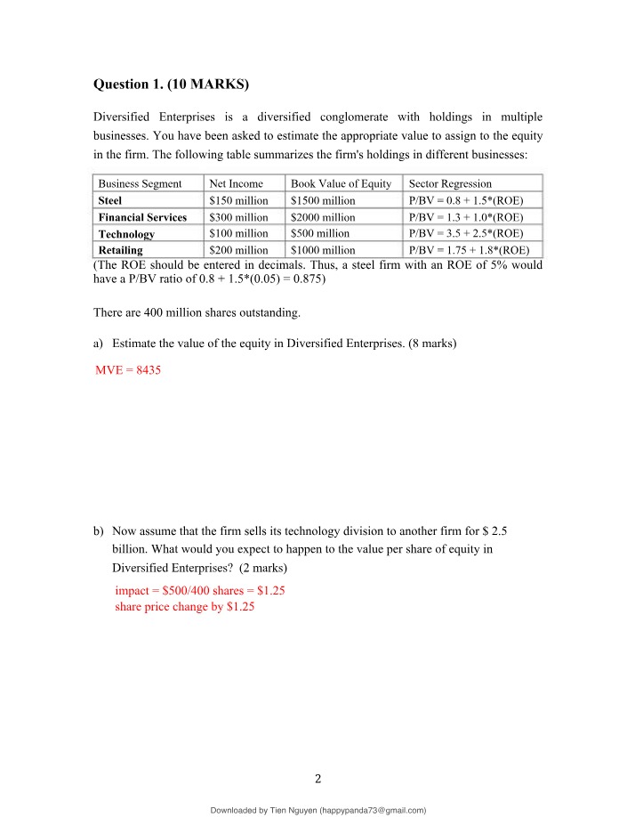 Estimating Equity Value for Diversified Enterprises