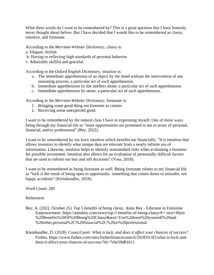 Classy, Intuitive, and Fortunate Essay