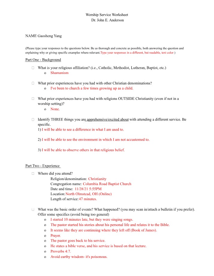 Worksheet for Worship Service
