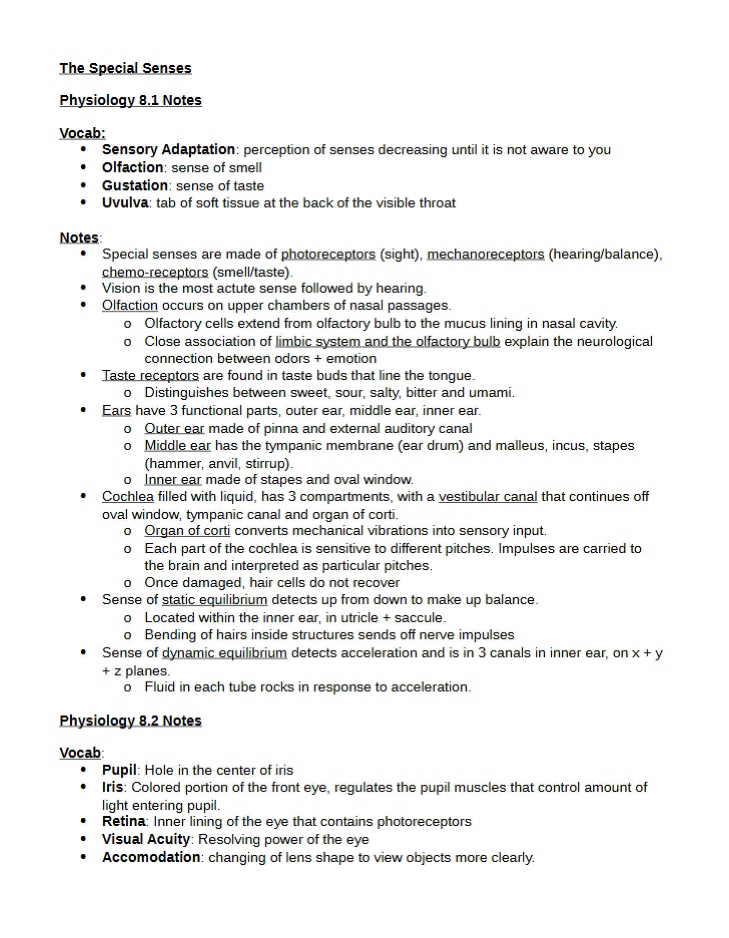 Chapter 8 Notes Physiology