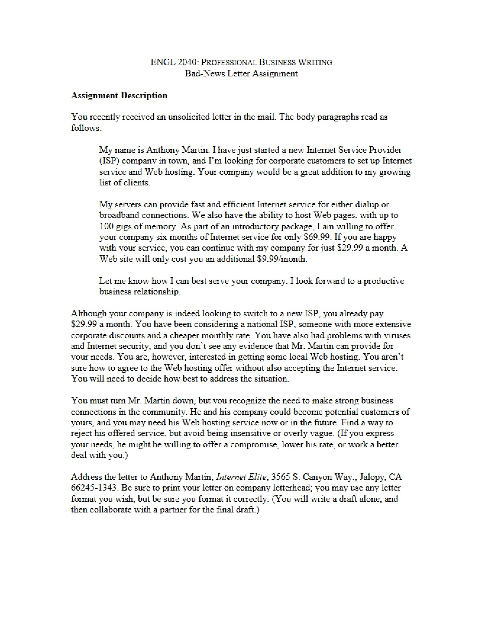 Assignment Bad-News Letter