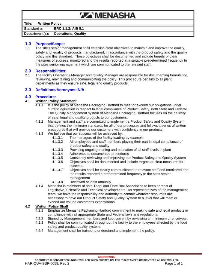 Written Policy Document
