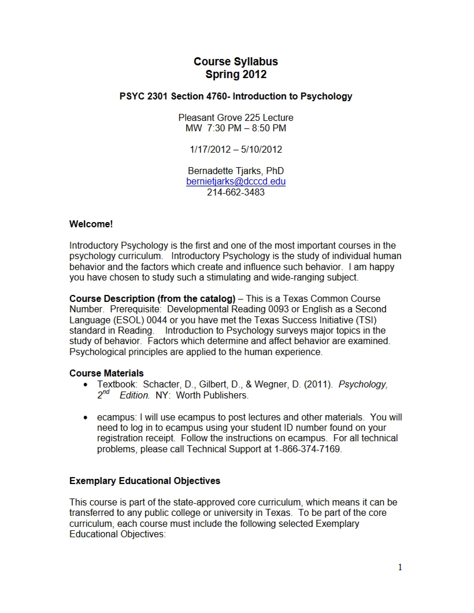 General Psychology Course Syllabus - 11 Pages