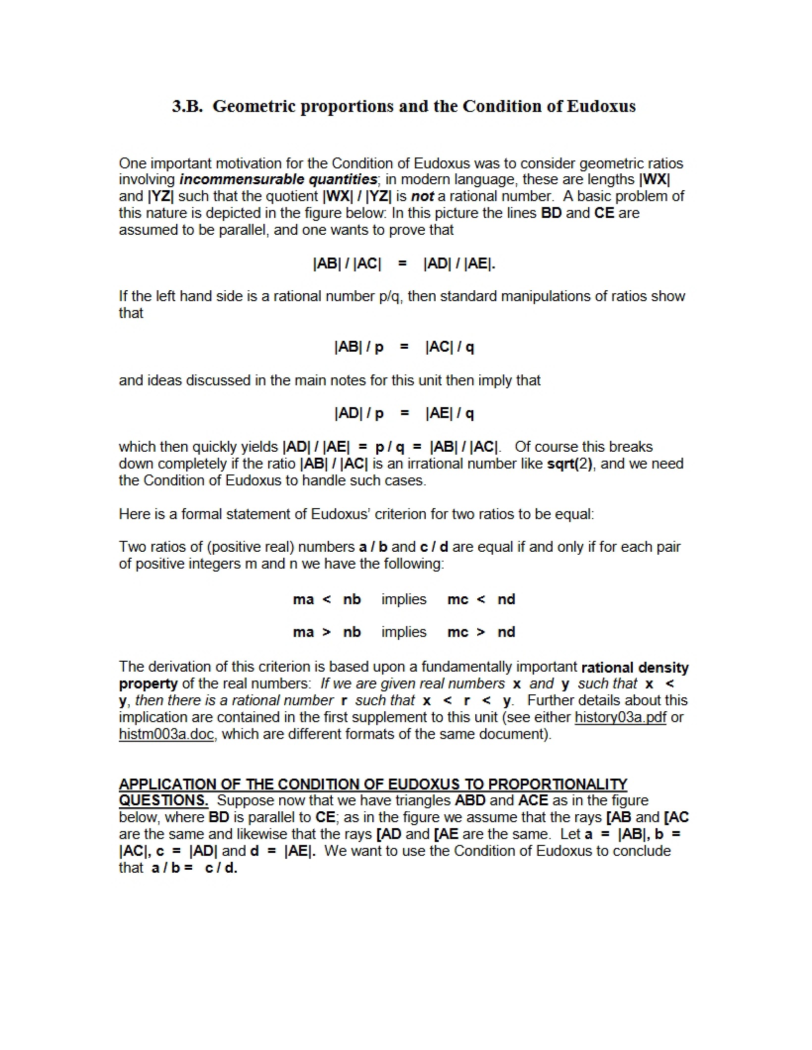 Eudoxus Condition and Geometric Proportions