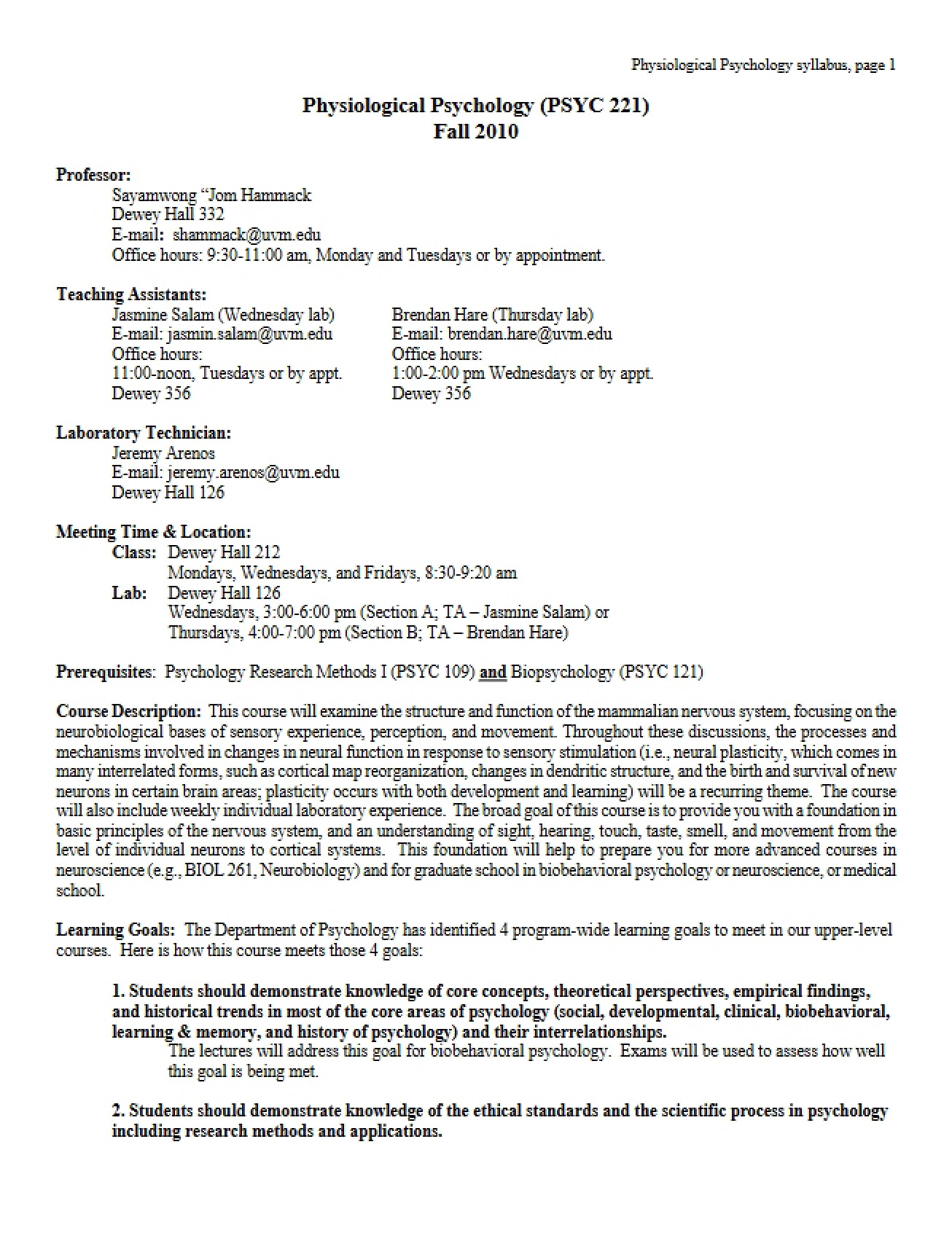 Physiological Psychology Syllabus