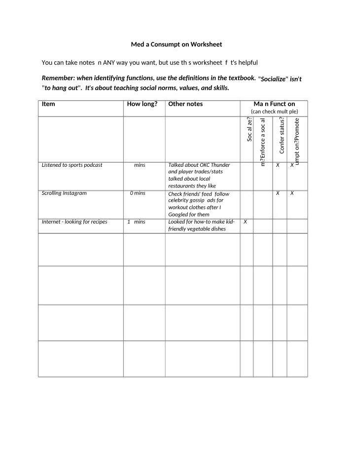 Worksheet on Media Consumption