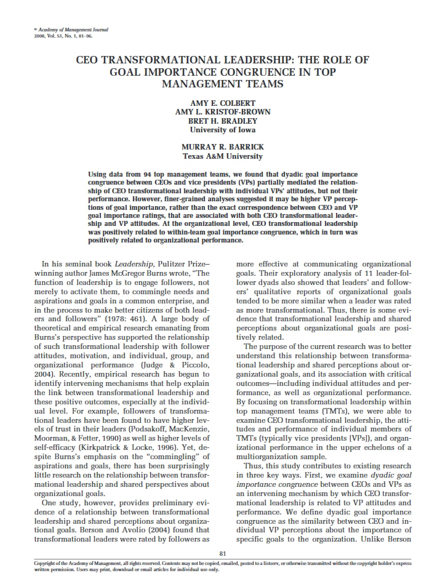 Top Management Teams Goal Importance Congruence Role