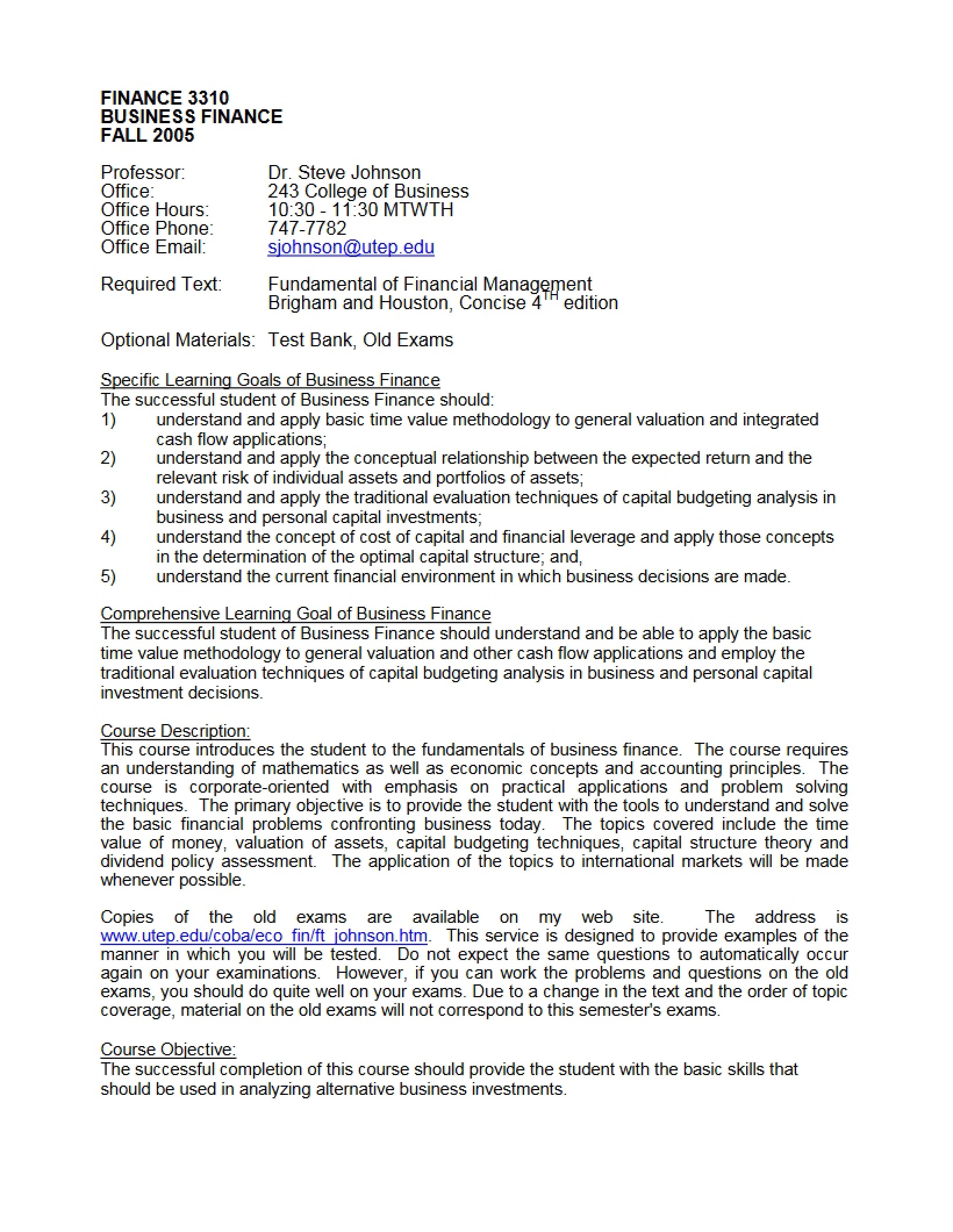Syllabus for Business Finance - 3 Pages