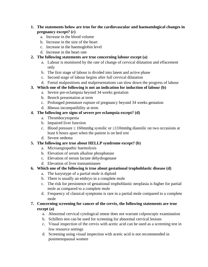 Questions on Cardiovascular and Haematological Changes in Pregnancy