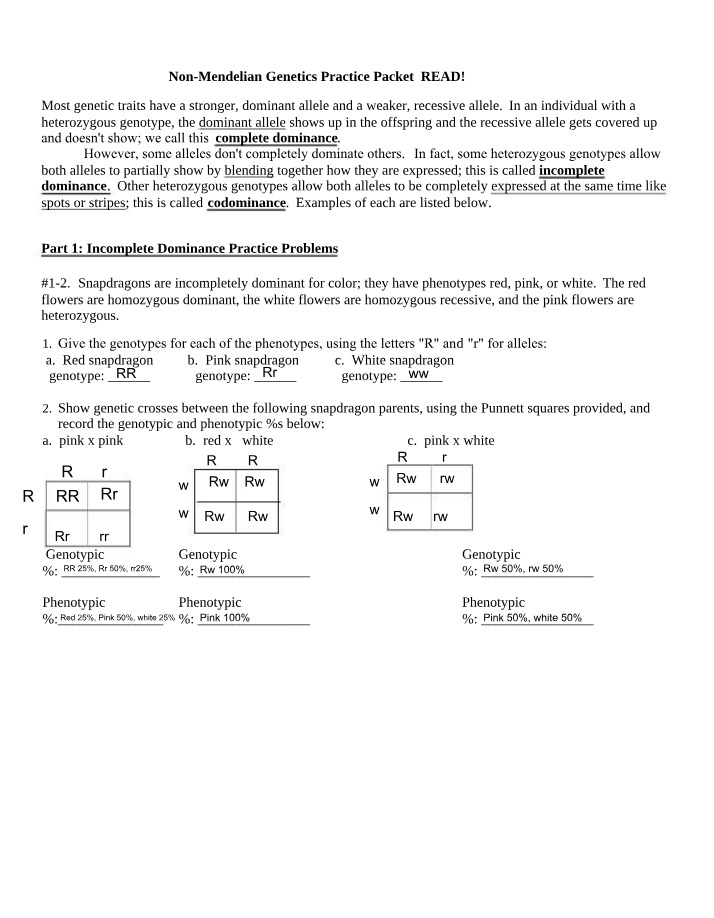 Worksheet on Incomplete Dominance and Codominance in Non-Mendelian Genetics