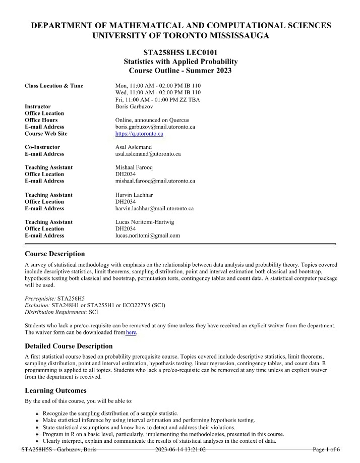 Syllabus for STA258H5S LEC0101