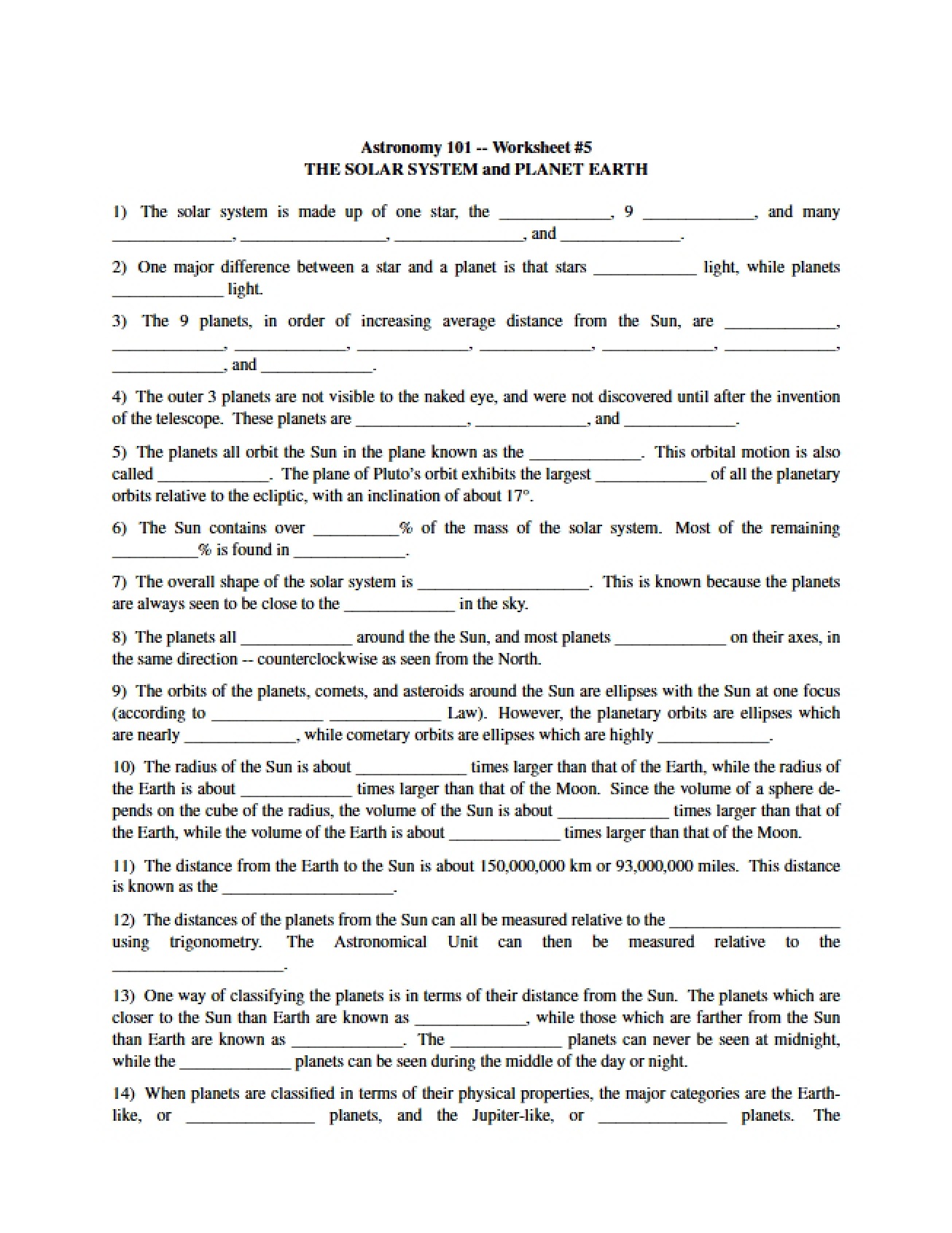 Fifth Worksheet Solar System