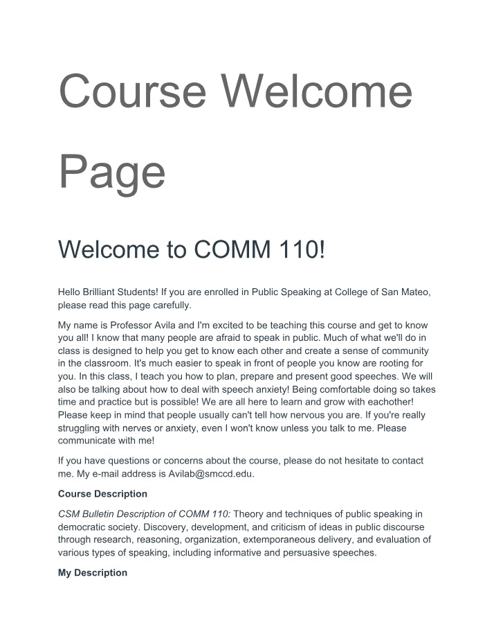 Welcome Page for Course