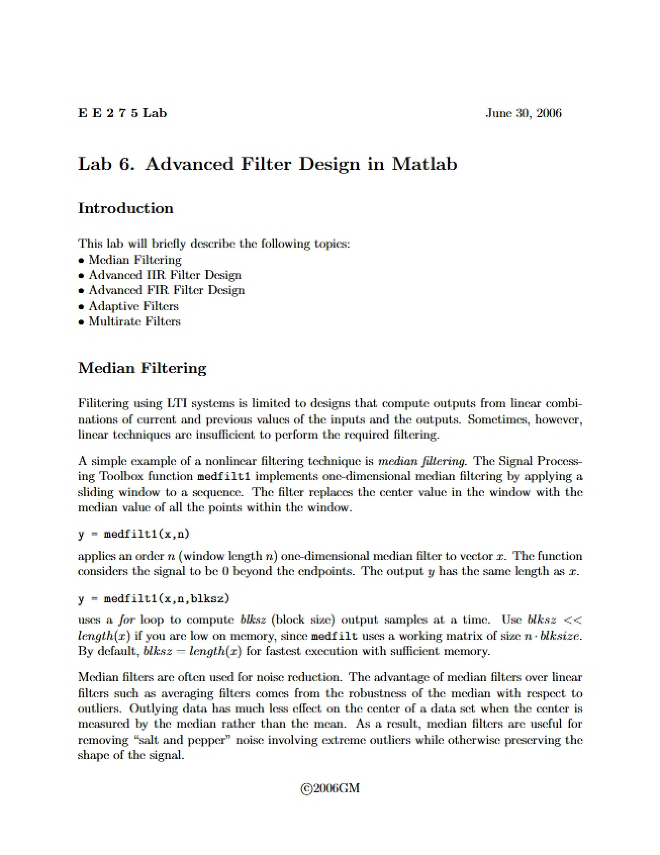 Lab Six Advanced Filter Design in Matlab