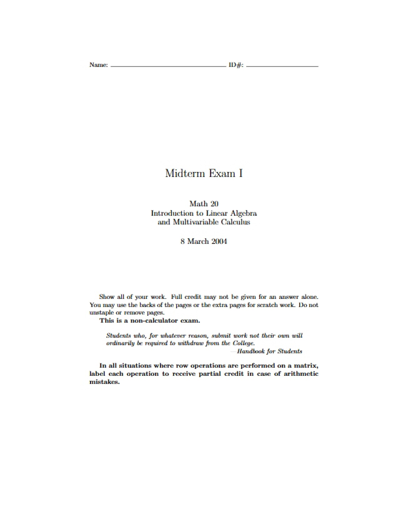 Introductory Hourly Examination I