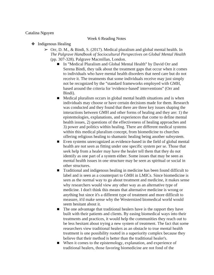 Week 6 Reading Notes - Indigenous Healing