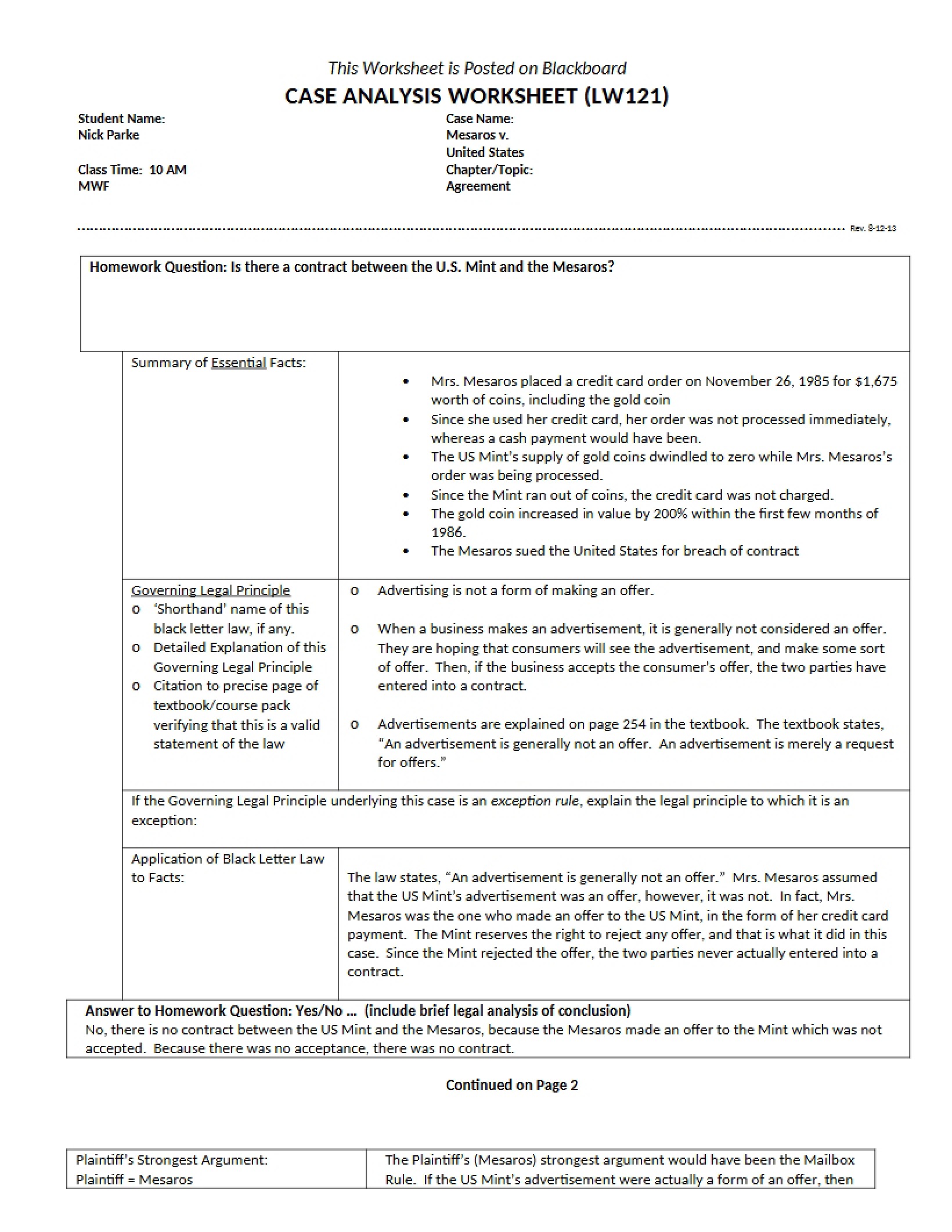 Worksheet for Analyzing Cases - Business Law and Society