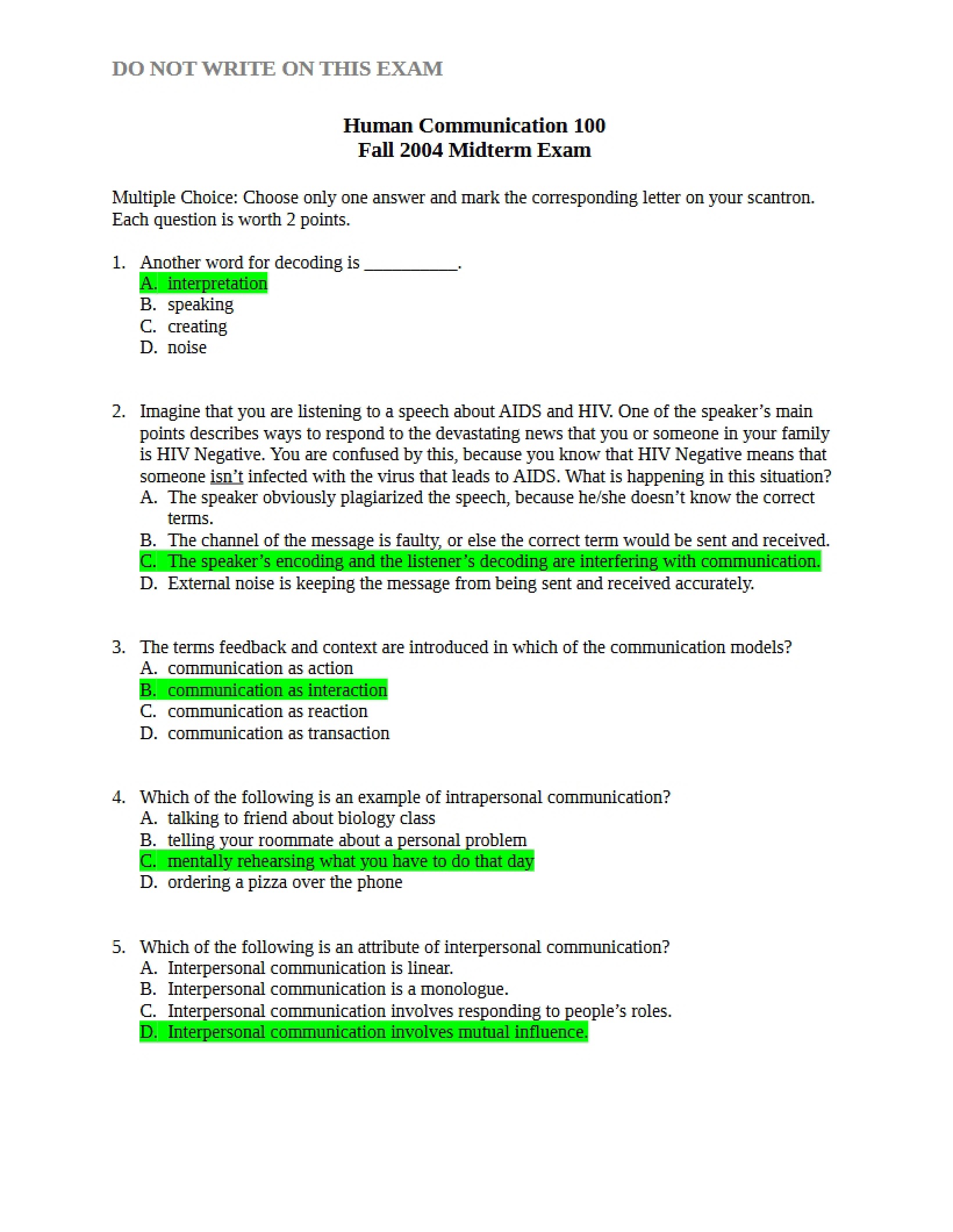 Human Communication Midterm Exam - 9 Pages