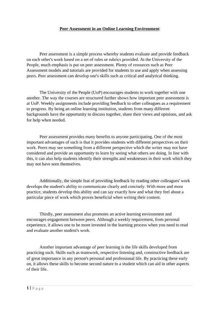 Peer Assessment in Online Learning