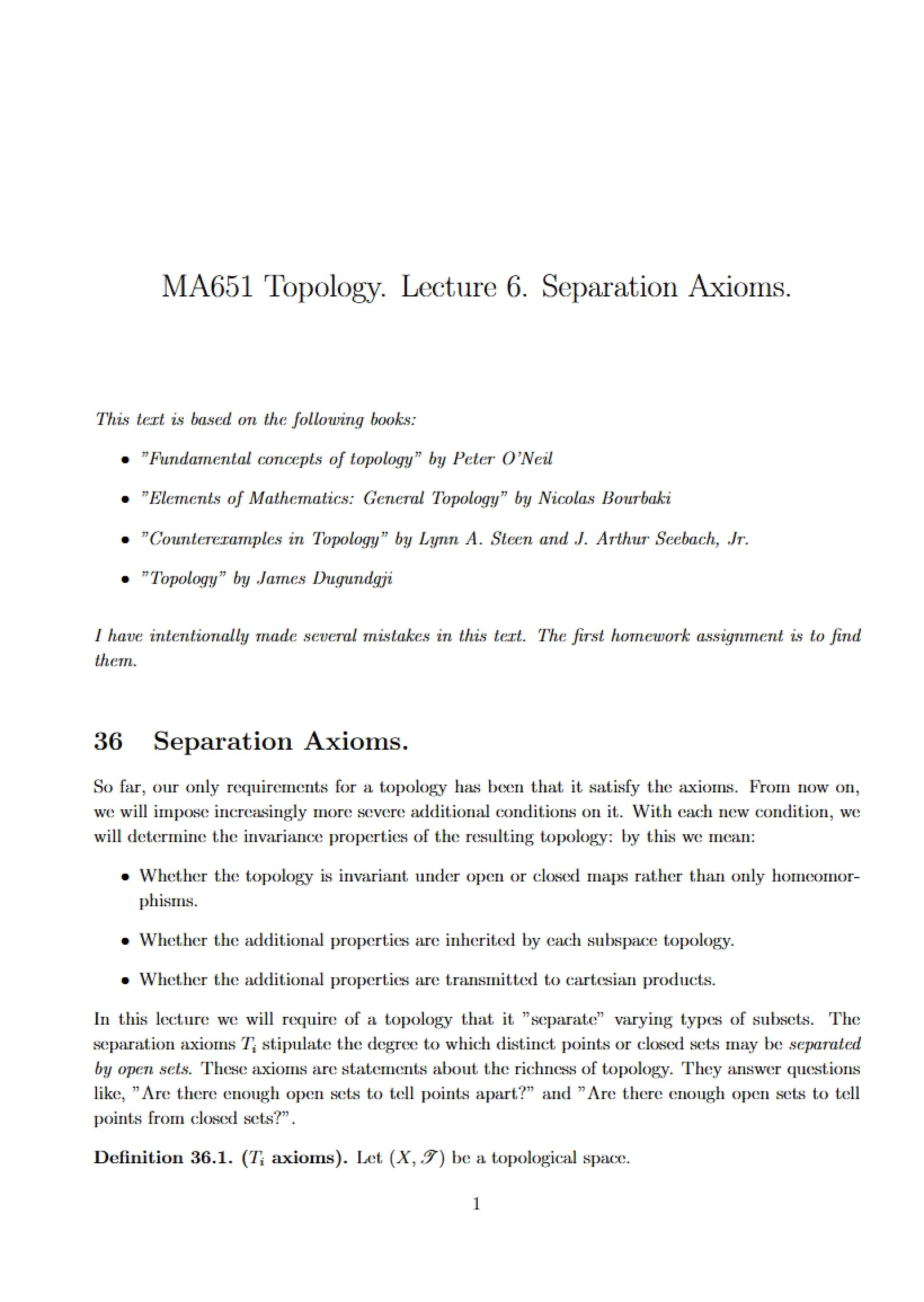 Axioms of Separation Lecture 6