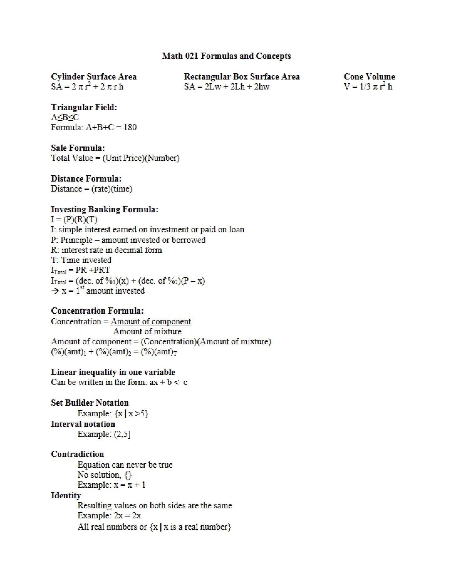 Concepts and Formulas