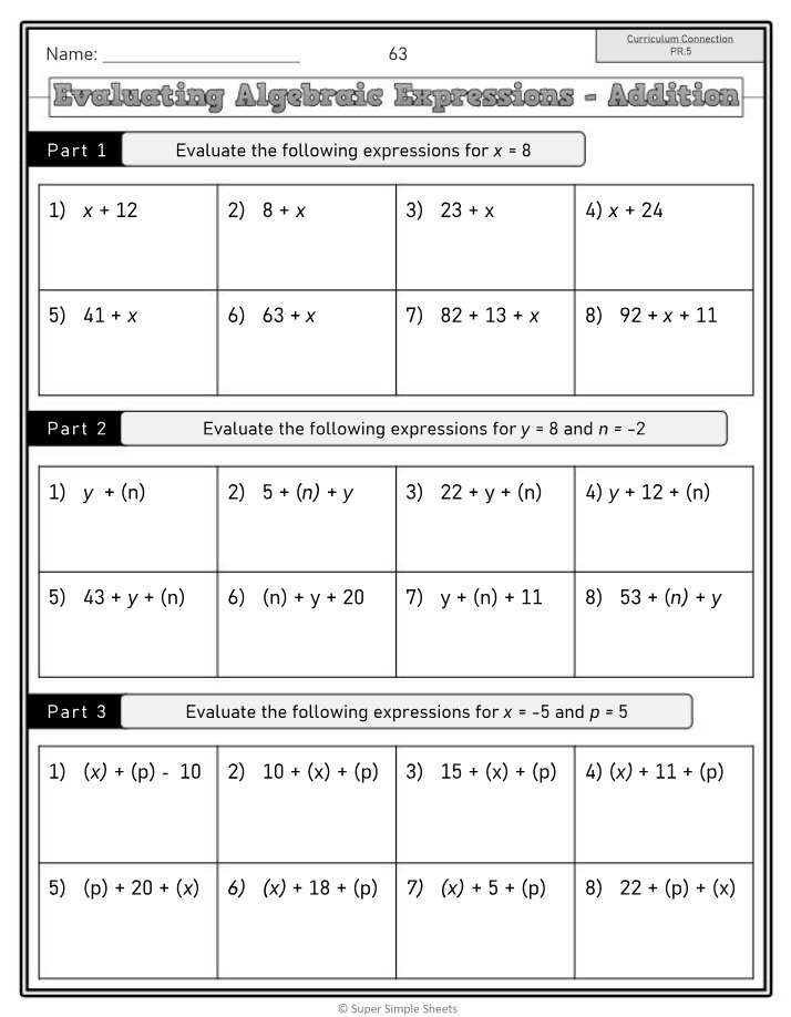 Worksheet for Evaluating Algebraic Expressions