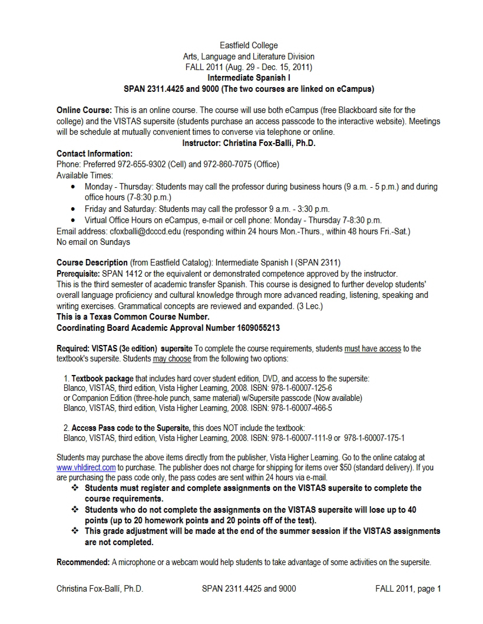 Intermediate Spanish I Syllabus - SPAN 2311