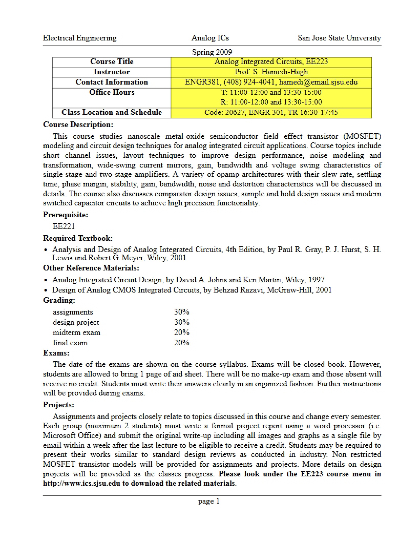 Analog Integrated Circuits Green Sheet
