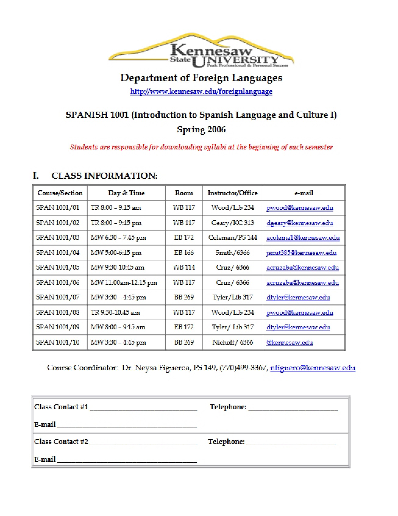 Course Outline for Introduction to Spanish I