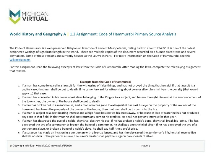Code of Hammurabi - Primary Source Analysis Assignment