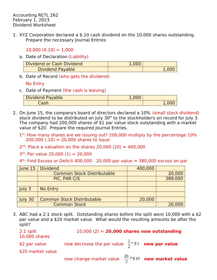 Worksheet and Dividend Journal Entries