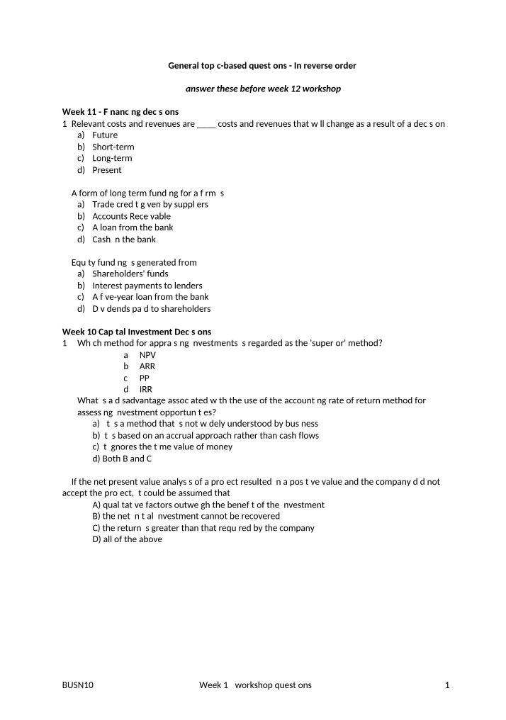 Workshop Questions - Week 12 (BUSN104)