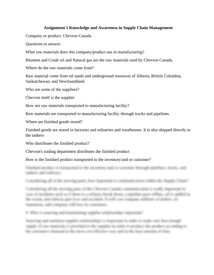 Knowledge and Awareness in Supply Chain Management - Assignment 1