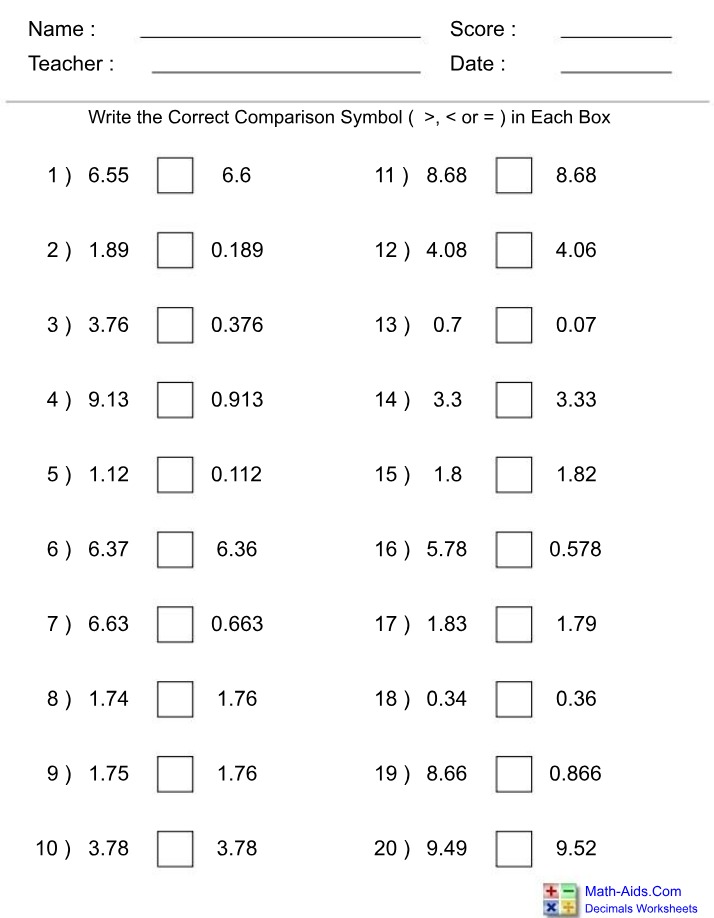 Worksheet on Comparing Decimals with Answers
