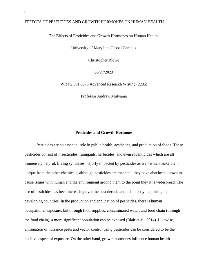 Pesticides and Growth Hormones - Effects on Human Health
