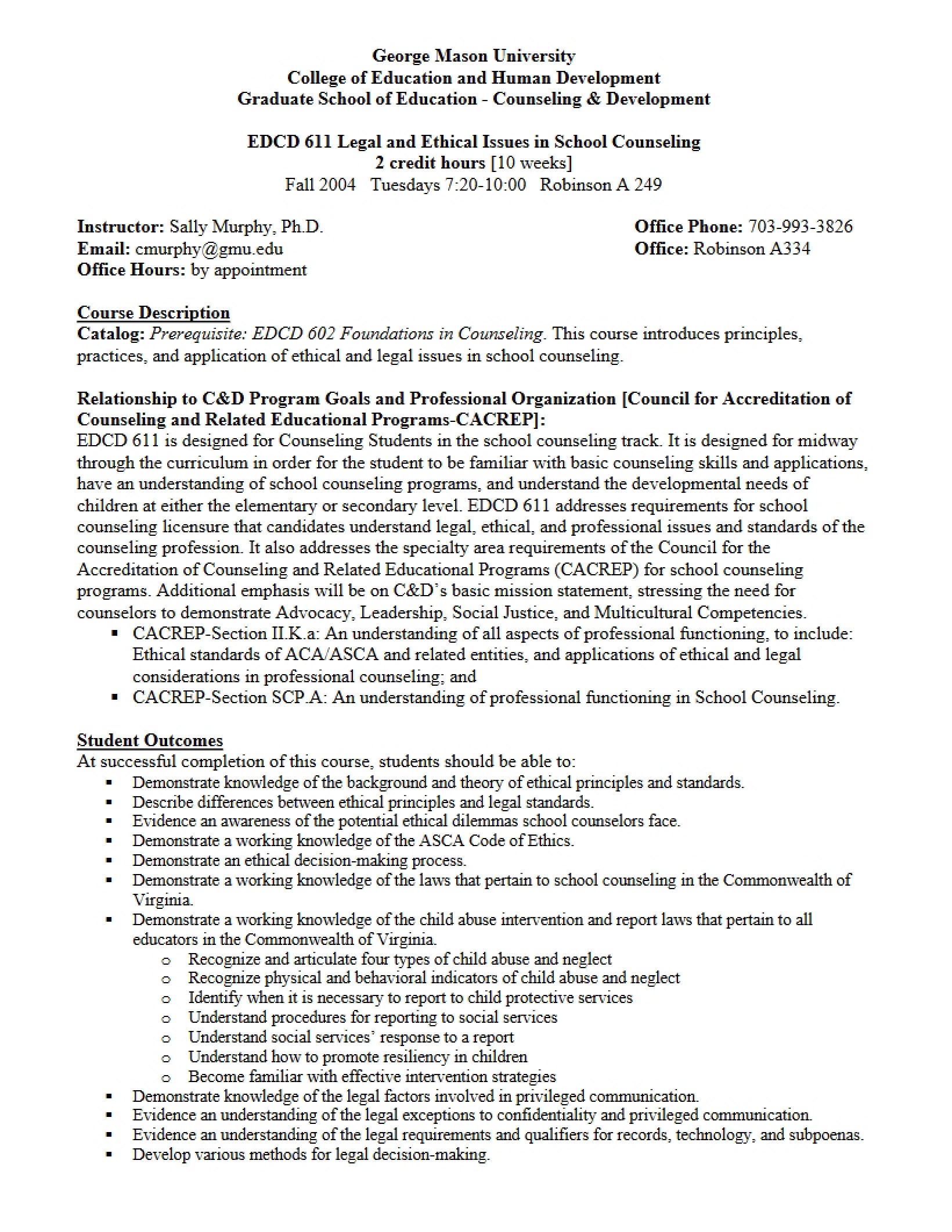 Syllabus for Ethical and Legal Issues in School Counseling