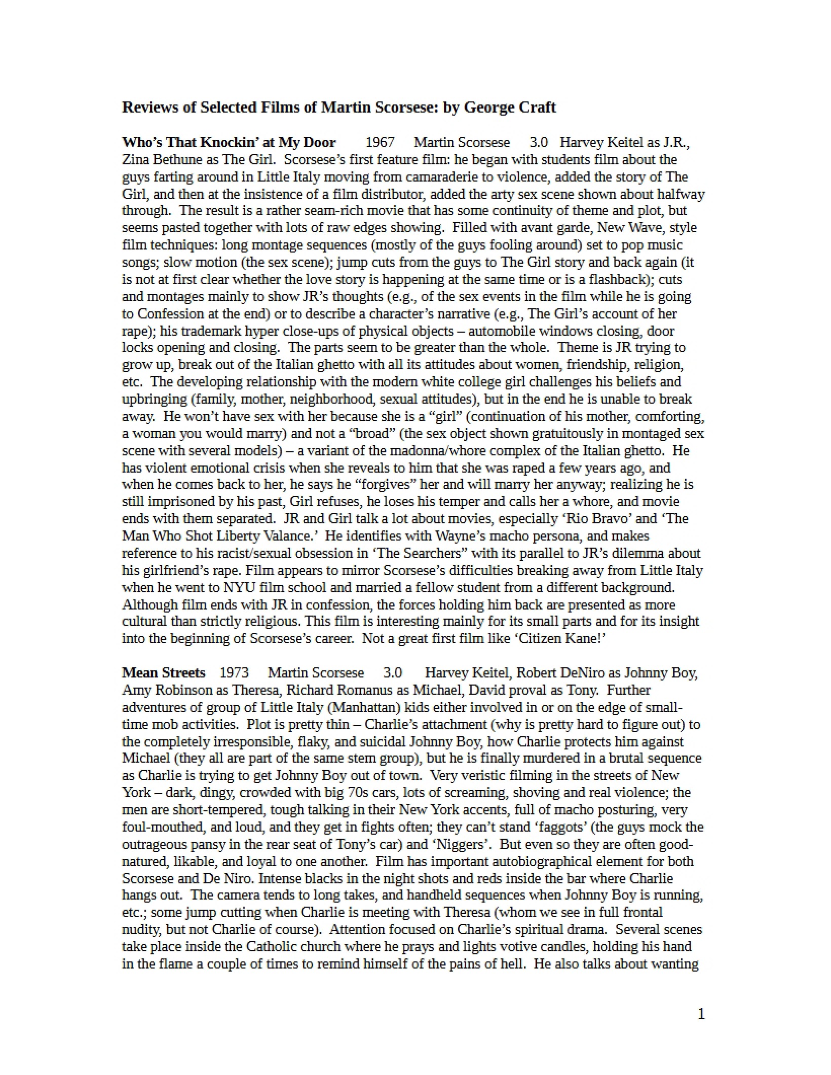 Martin Scorsese Film Reviews