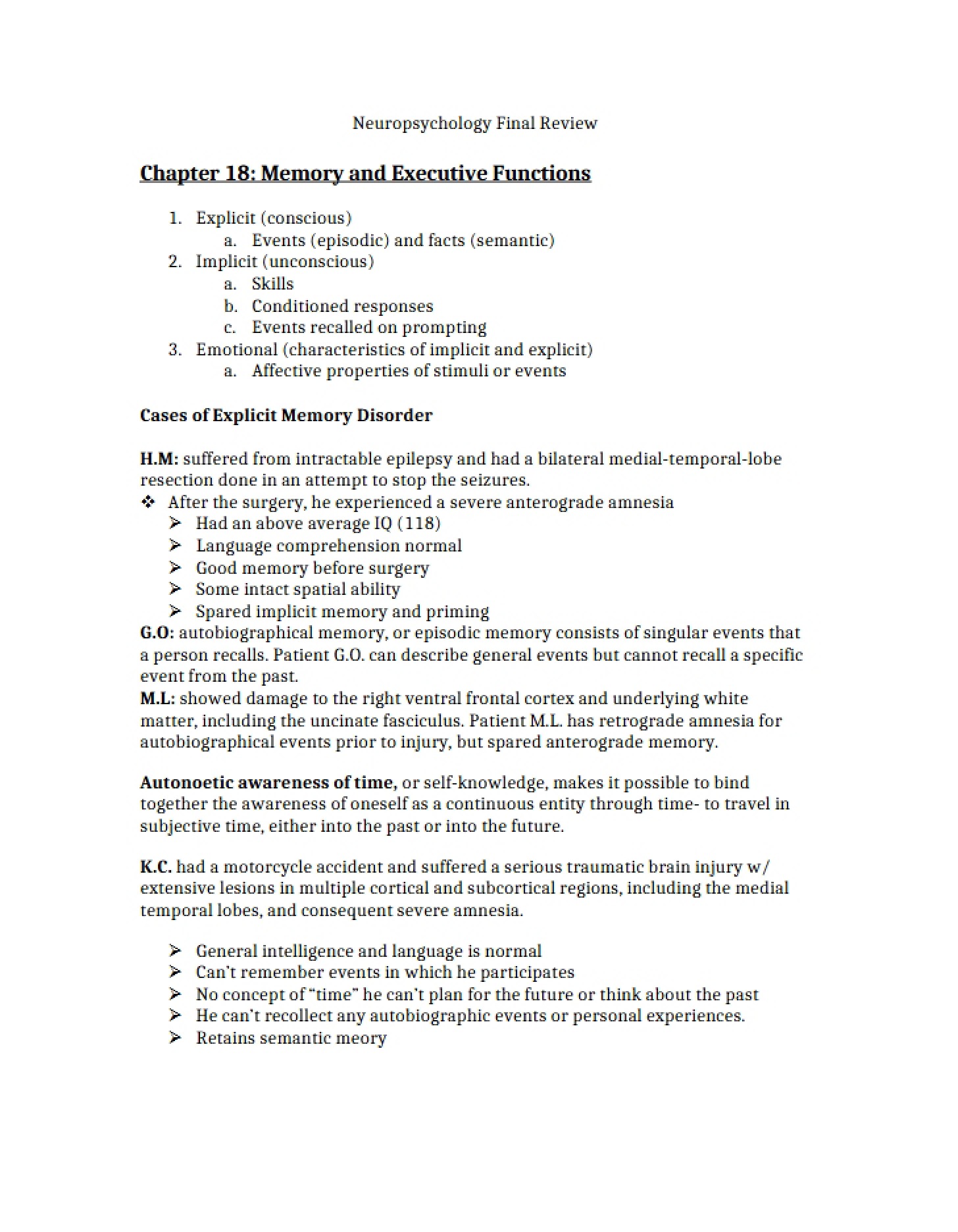 Final Review for Neuropsychology
