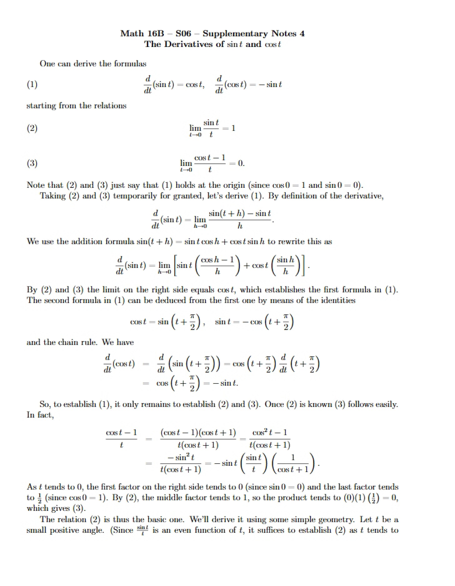 Derivatives of Cosine and Sine