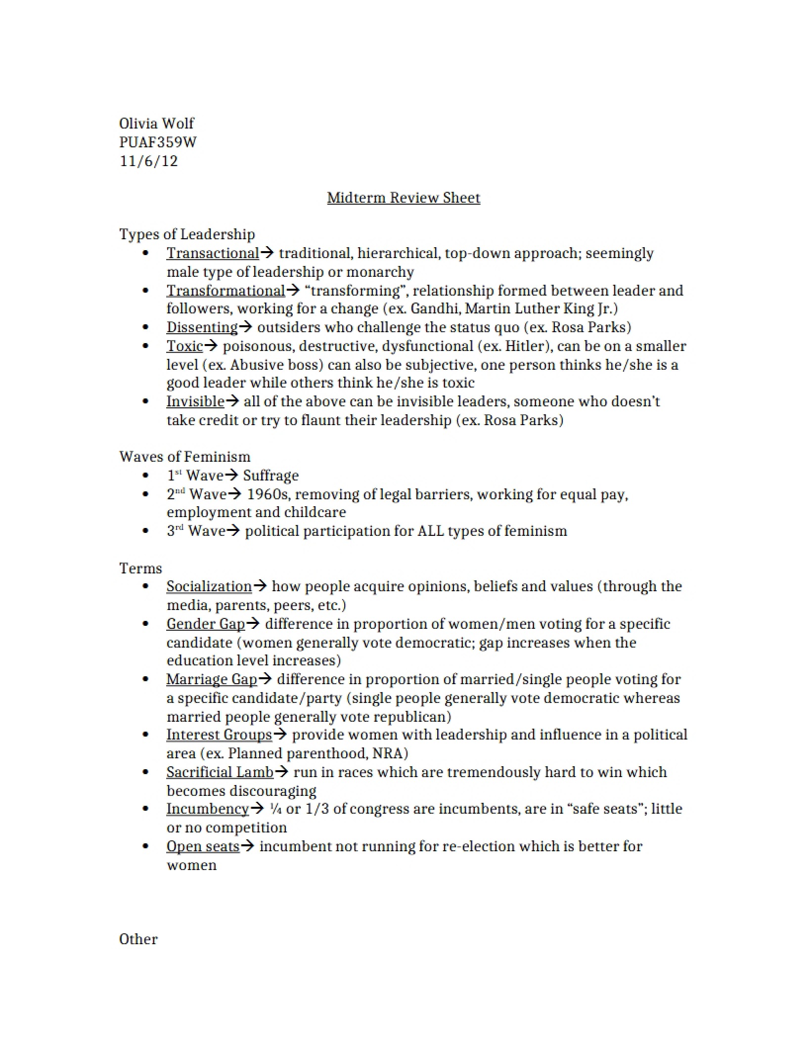 Sheet for Midterm Review