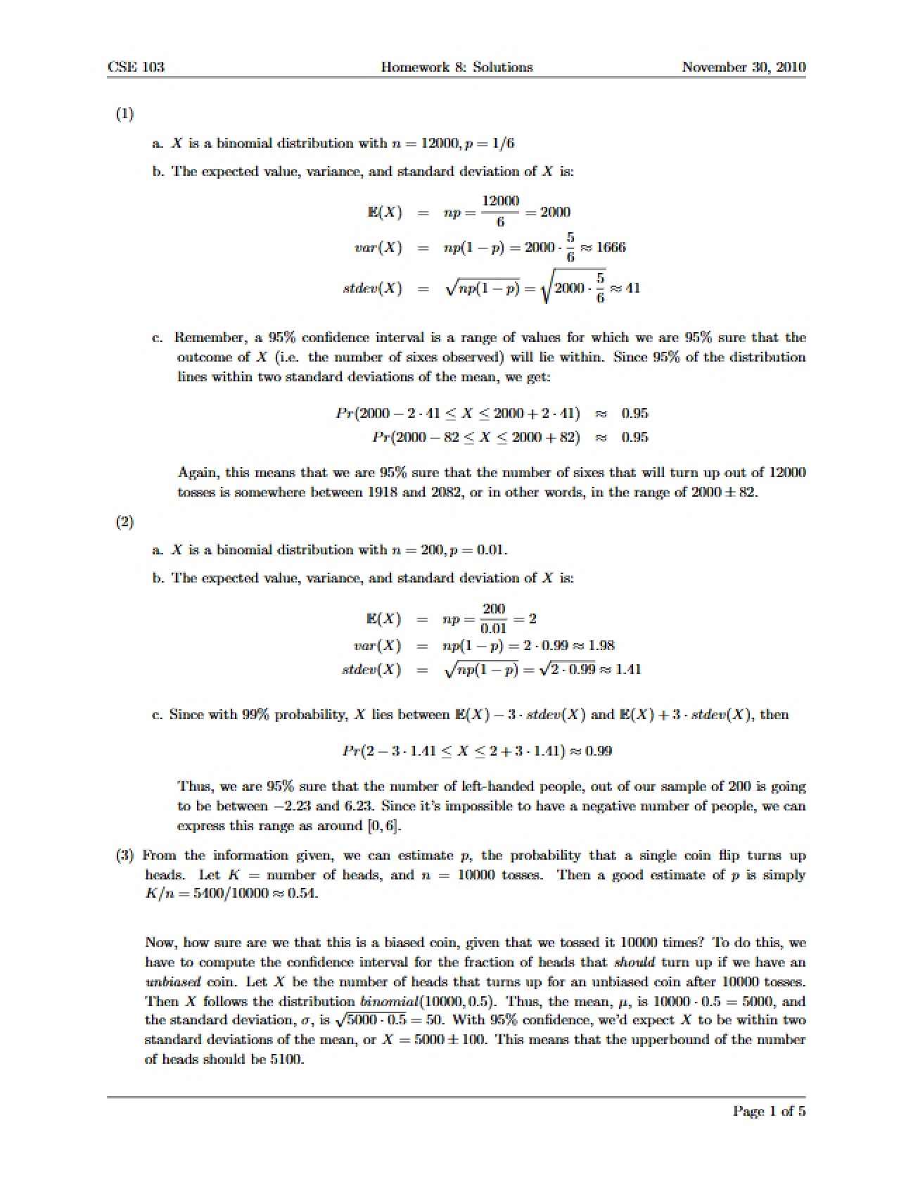 Statistical Problem Set Eight Answer Sheet