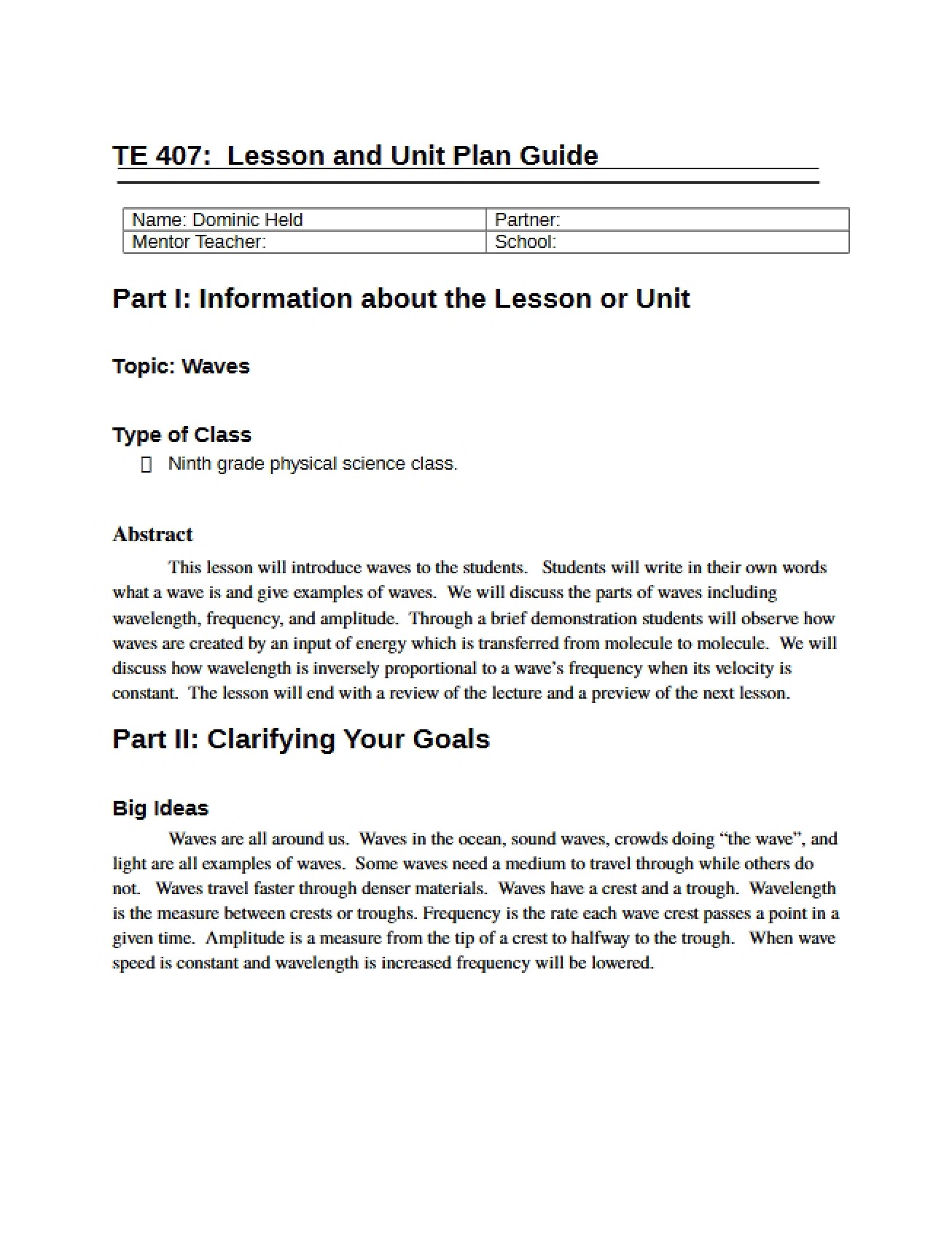 Plan for Lesson
