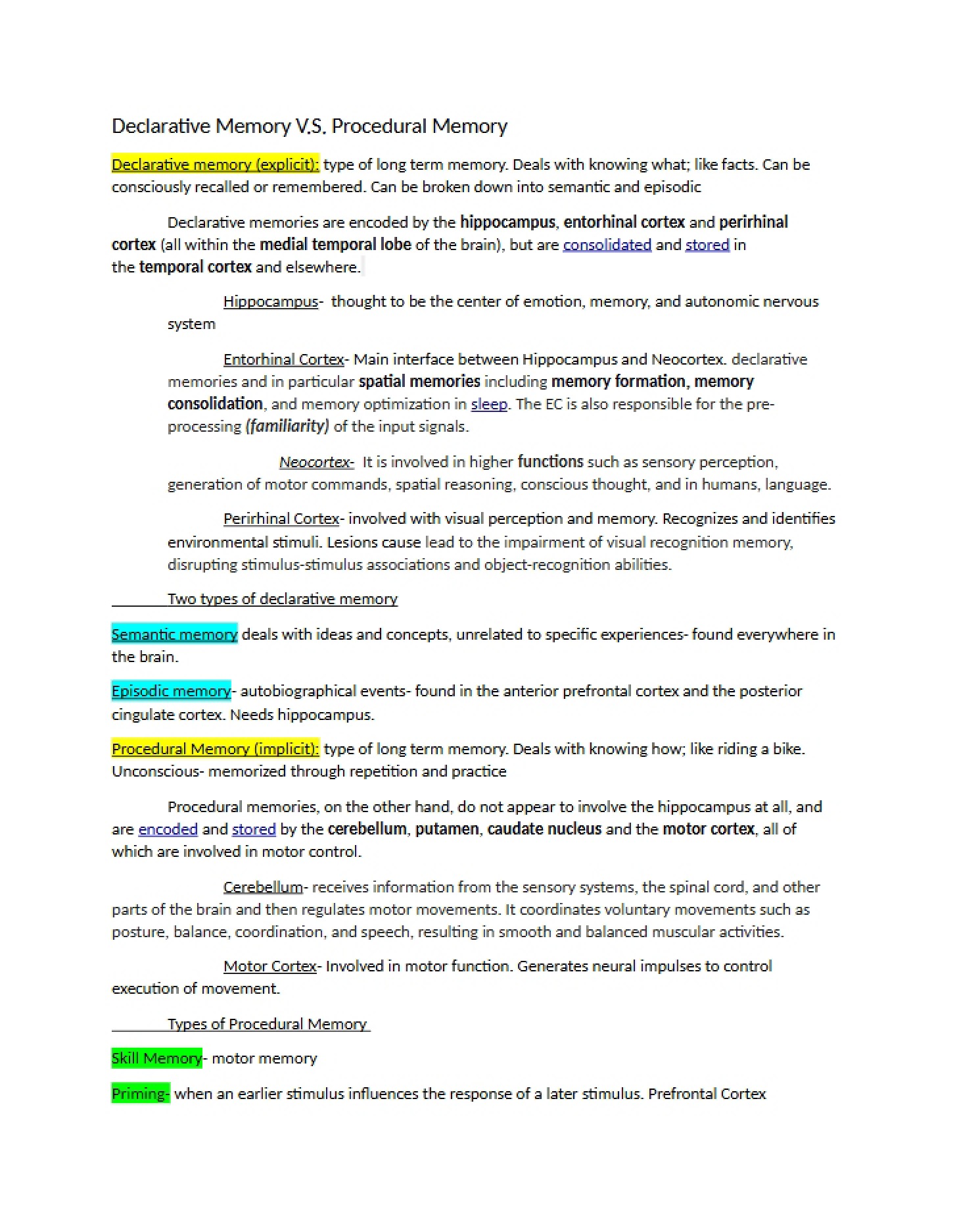 Notes Procedural vs Declarative Memory