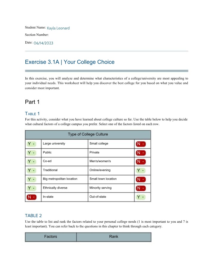 Your College Choice Worksheet Exercise 3.1A Final