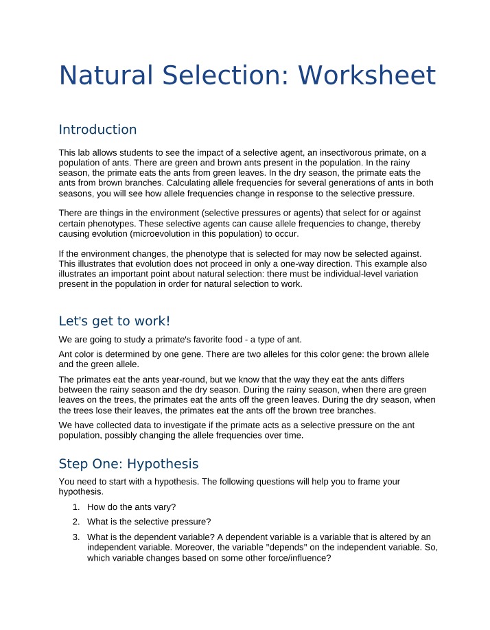 Worksheet on Natural Selection