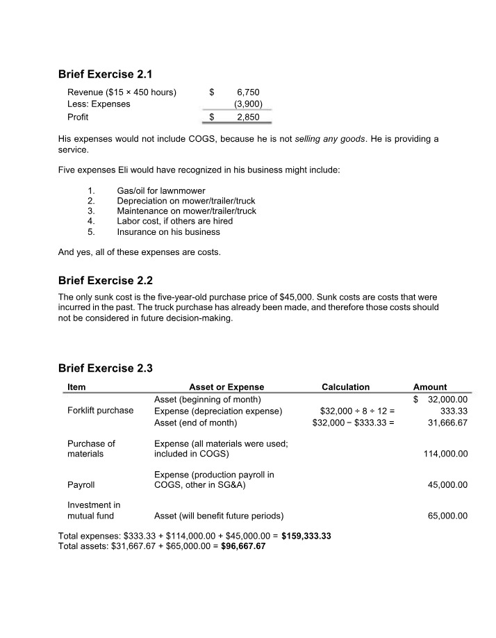 Solutions for Chapter 2 Brief Exercises
