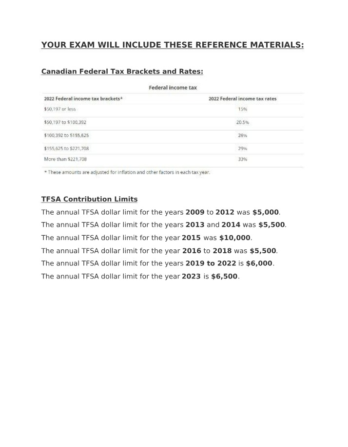 Exam Reference - Canadian Federal Tax Brackets and TFSA Limits