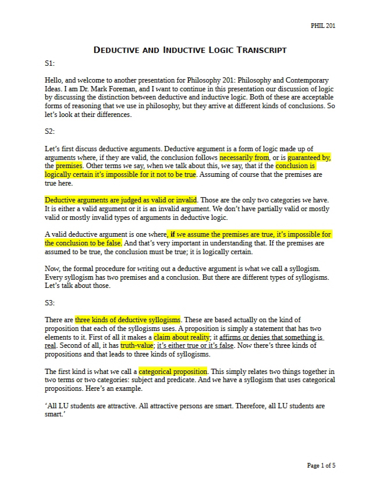Transcript on Inductive and Deductive Logic
