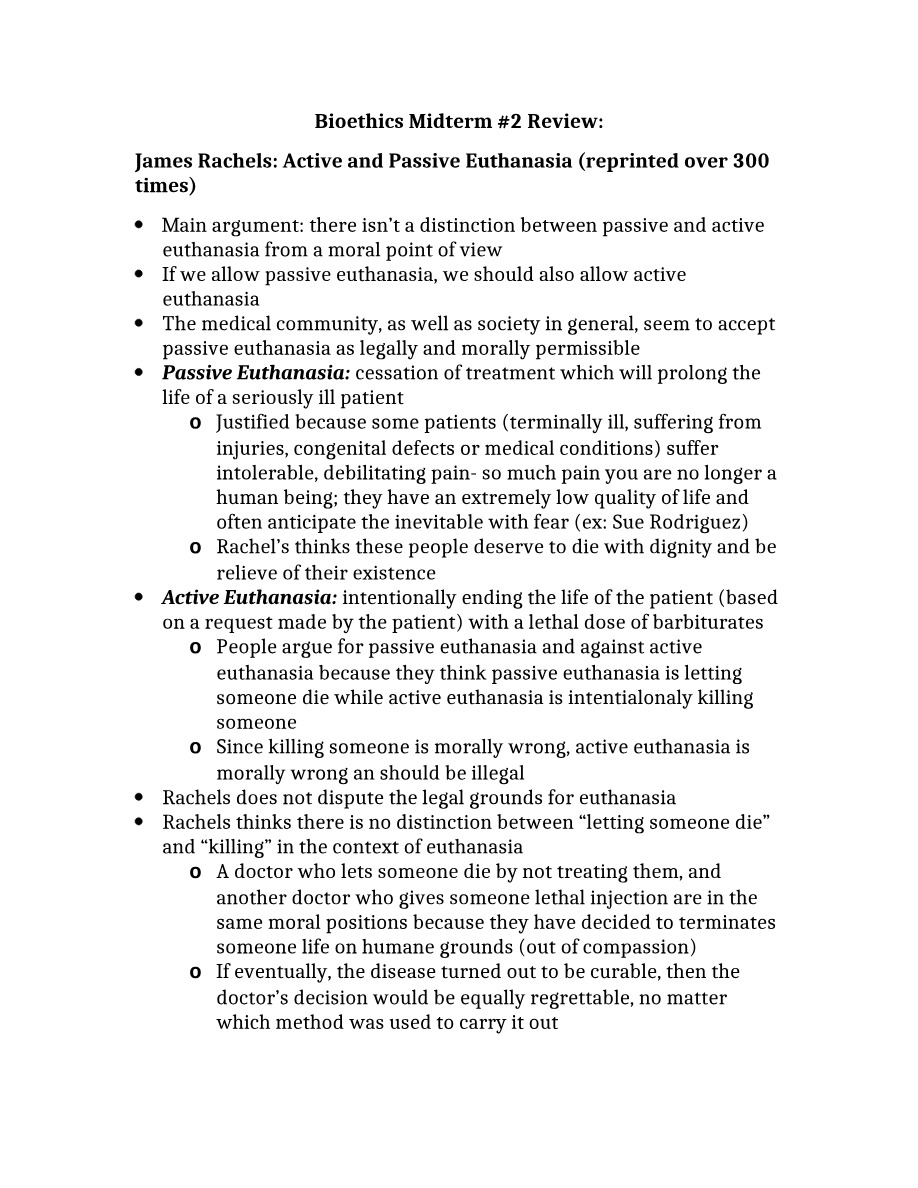 Euthanasia Review for Bioethics Midterm 2